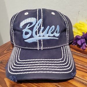 House of Blues Script Logo Hat Blue Ball Cap Weathered Style Strapback